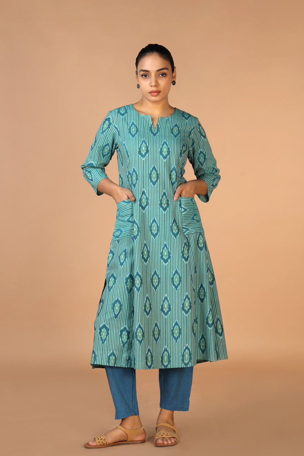 Collection of Handwoven Cotton Pochampally Ikat Kurti in a gallery layout