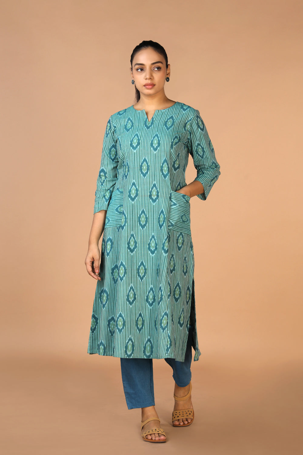 Image of Pine Green Handwoven Cotton Pochampally Ikat Kurti
