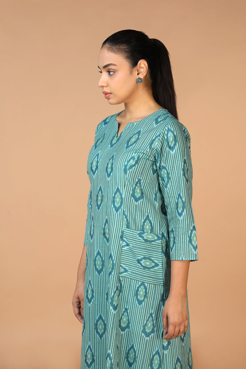 Image of Pine Green Handwoven Cotton Pochampally Ikat Kurti