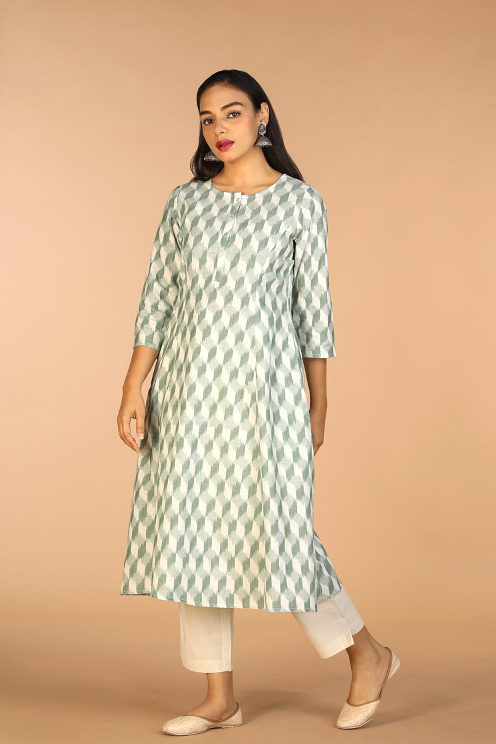 Image of Sage Green Handwoven cotton Pochampally Ikat kurta