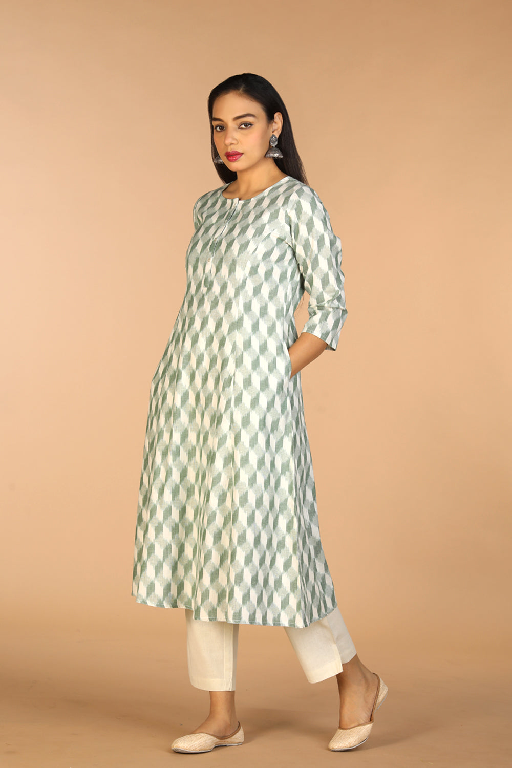 Image of Sage Green Handwoven cotton Pochampally Ikat kurta