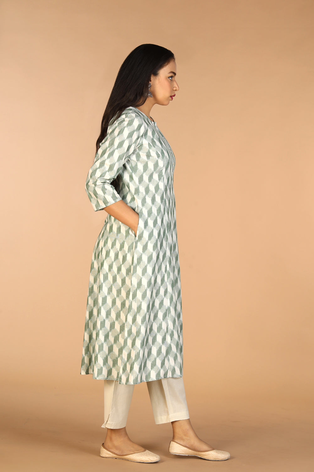 Image of Sage Green Handwoven cotton Pochampally Ikat kurta