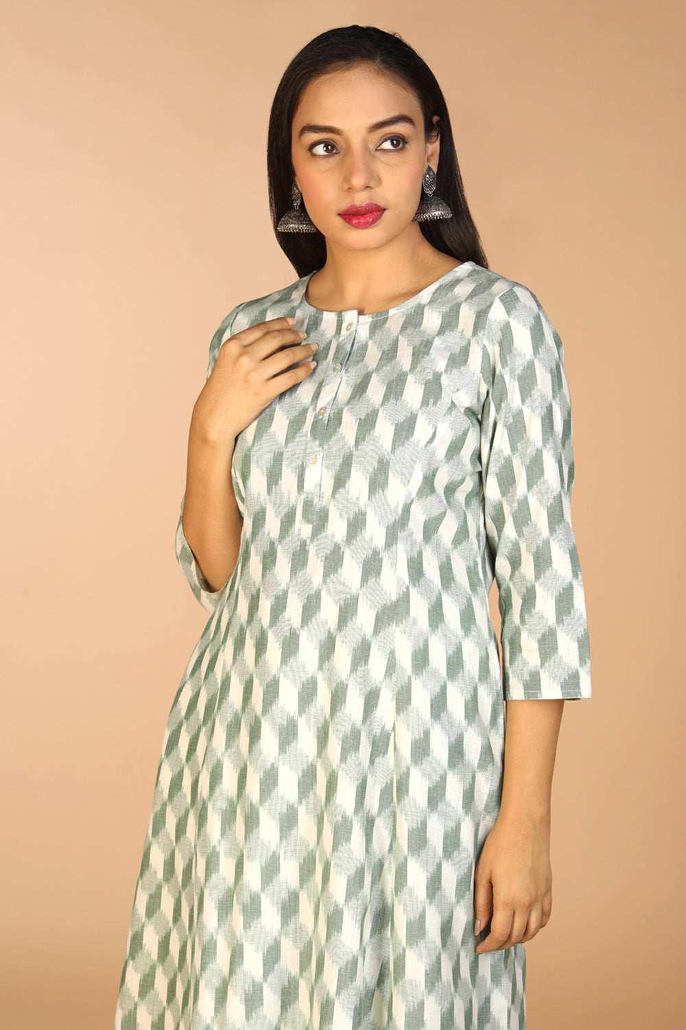 Image of Sage Green Handwoven cotton Pochampally Ikat kurta