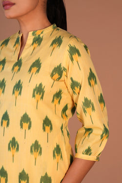 Image of Powder Yellow cotton Pochampally Ikat kurti