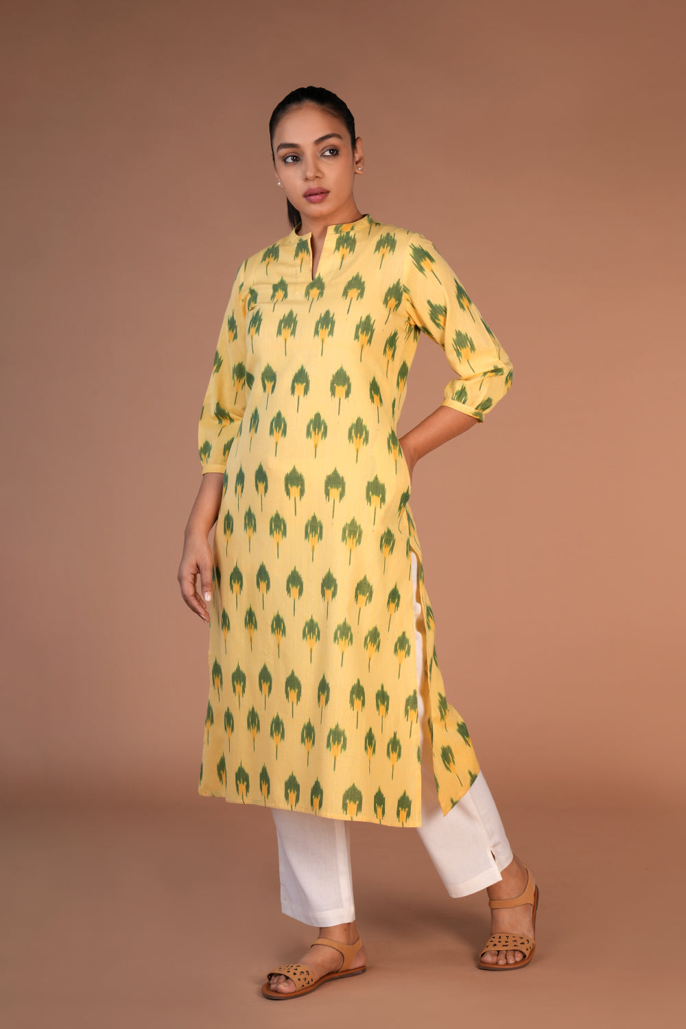 Powder Yellow cotton Pochampally Ikat kurti