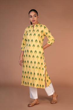 Image of Powder Yellow cotton Pochampally Ikat kurti