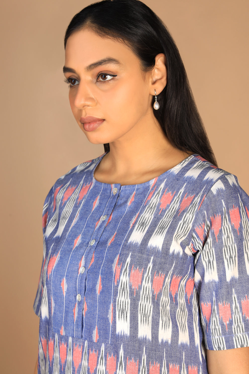 Image of Chambery Blue Handwoven cotton pochampally Ikat kurti