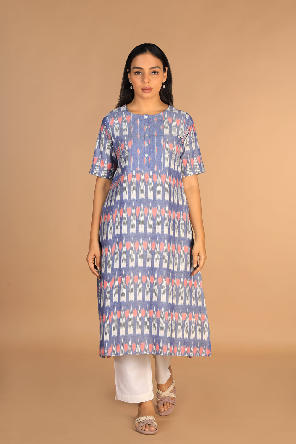 Image of Chambery Blue Handwoven cotton pochampally Ikat kurti