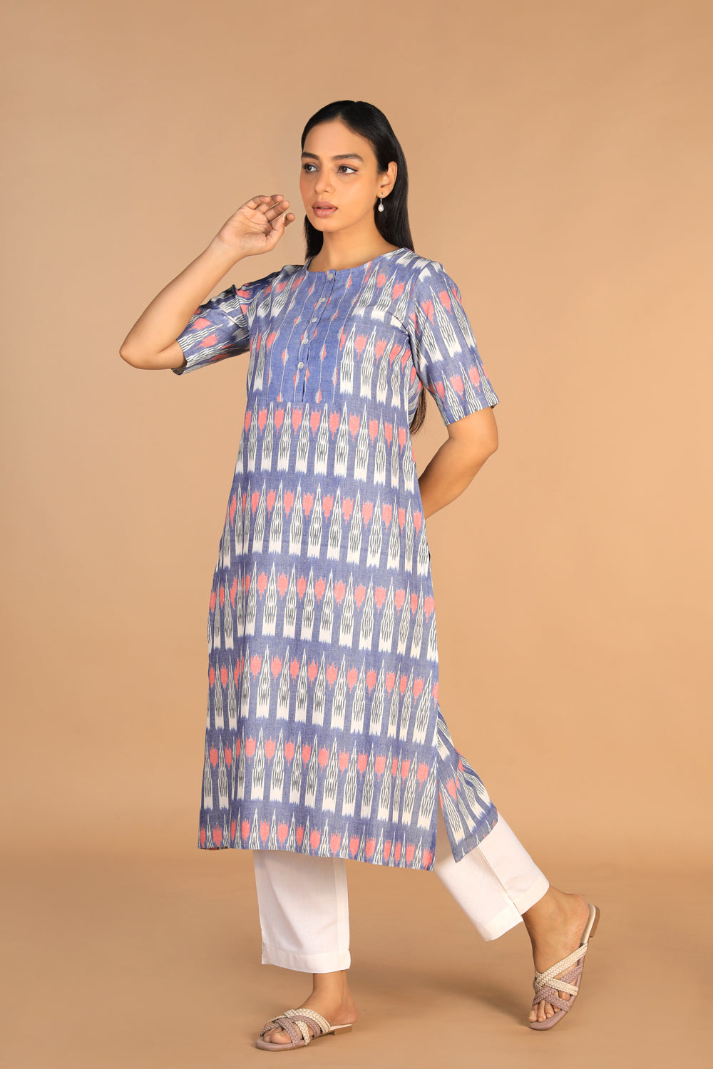 Image of Chambery Blue Handwoven cotton pochampally Ikat kurti