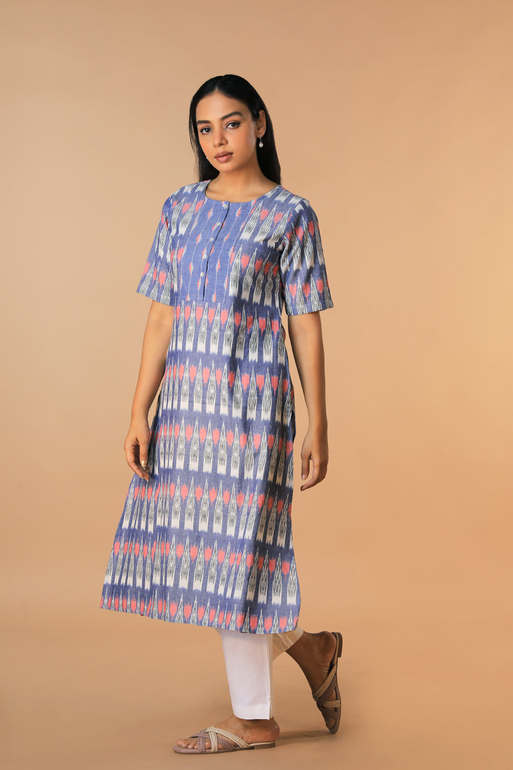 Image of Chambery Blue Handwoven cotton pochampally Ikat kurti