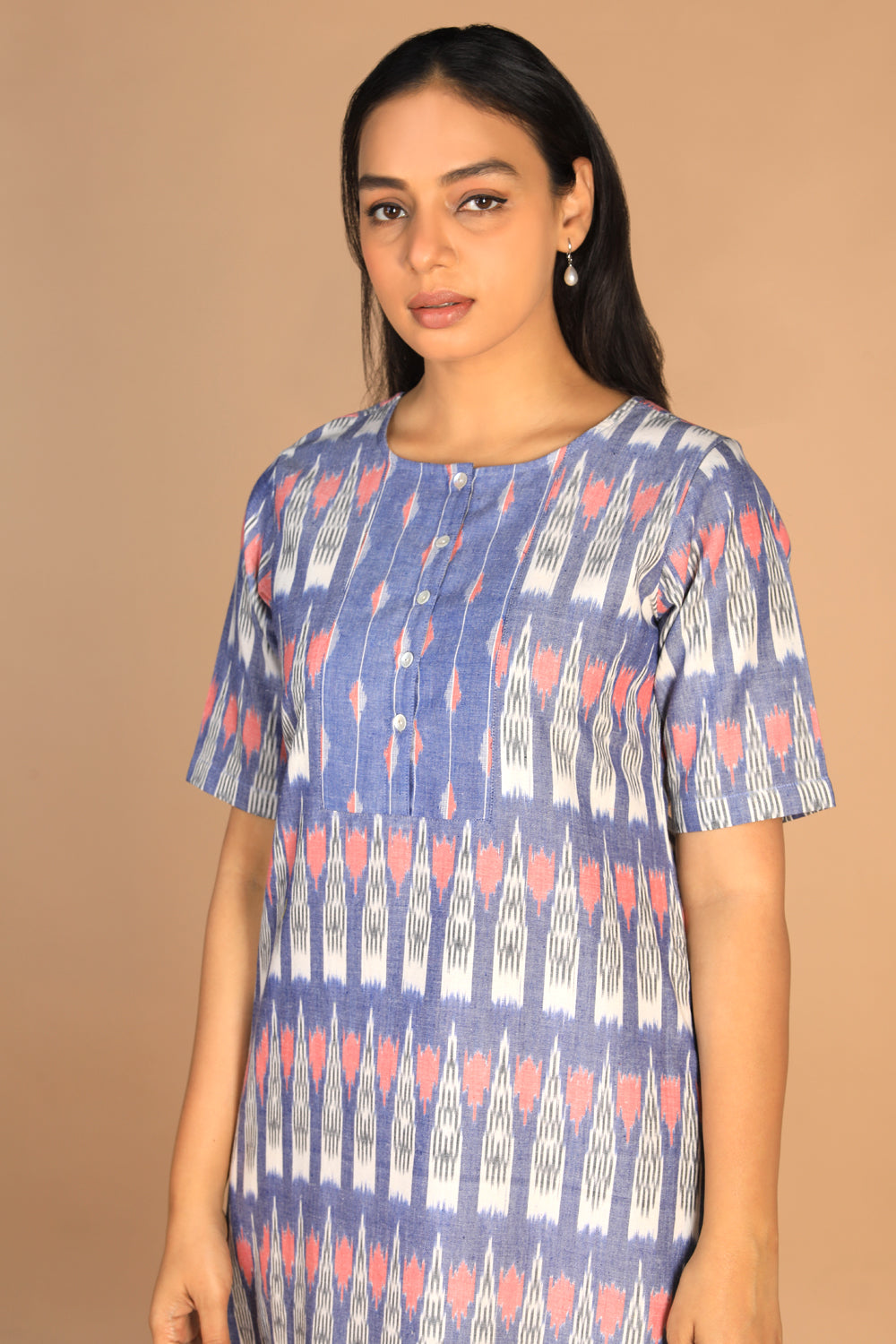 Image of Chambery Blue Handwoven cotton pochampally Ikat kurti