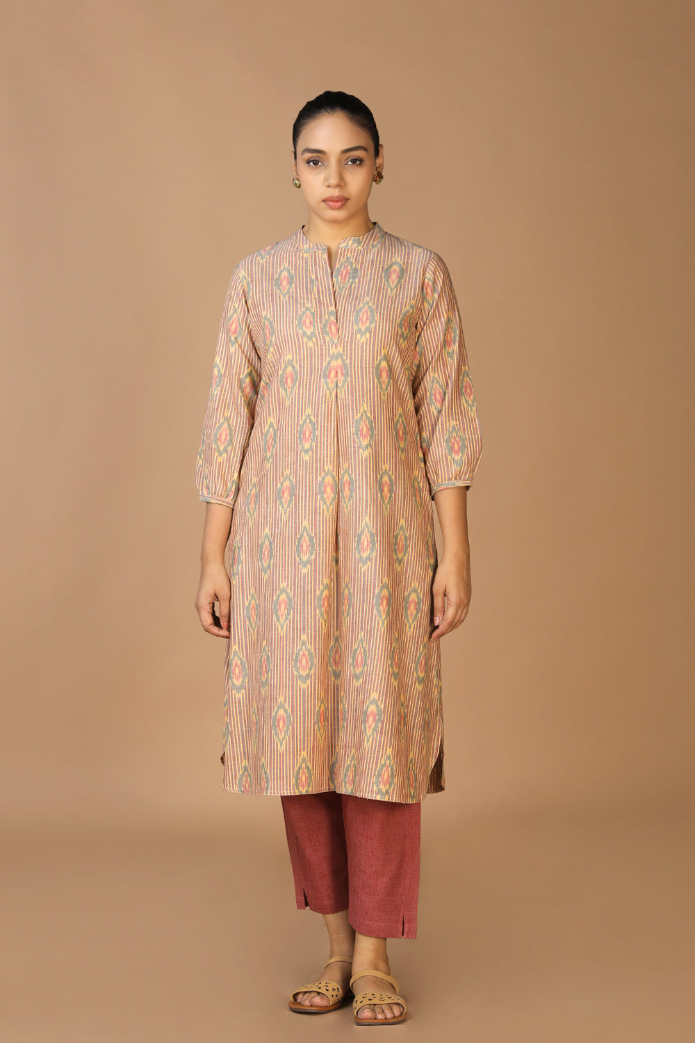 Image of Beige Handwoven Cotton Pochampally Ikat Kurta