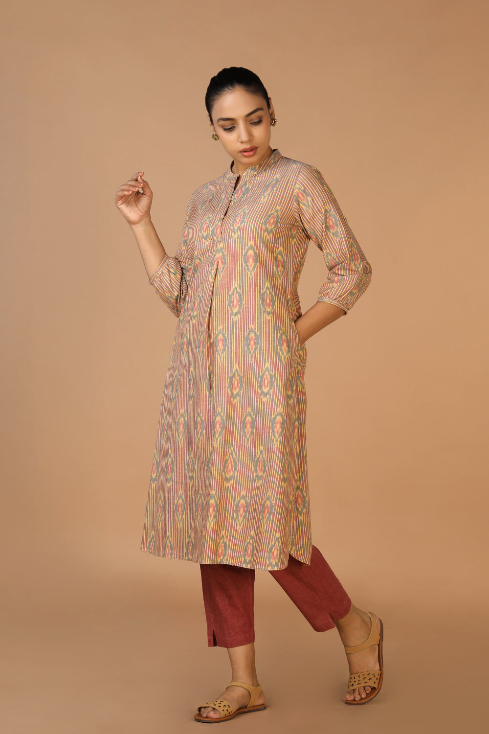 Image of Beige Handwoven Cotton Pochampally Ikat Kurta