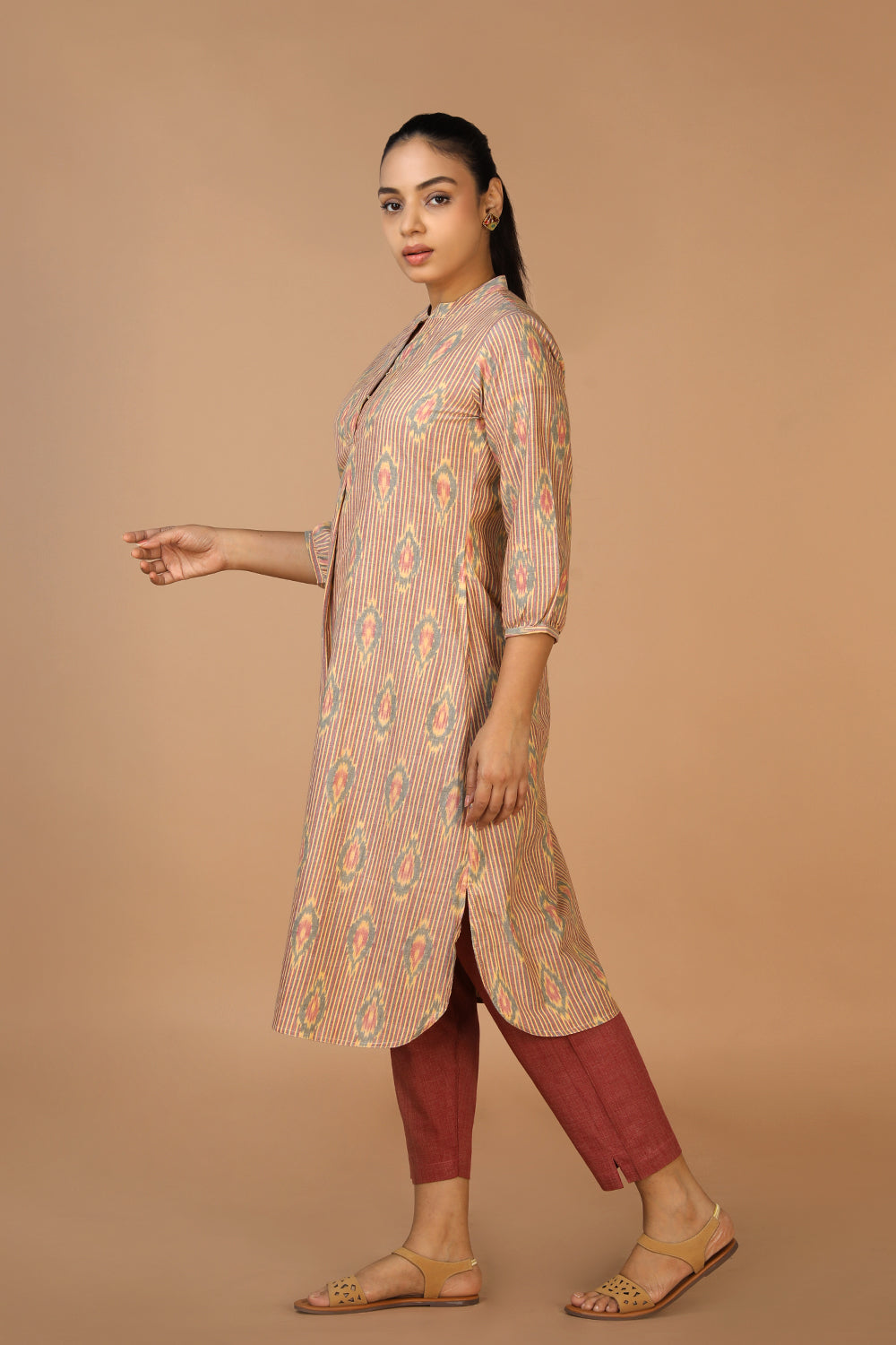Image of Beige Handwoven Cotton Pochampally Ikat Kurta