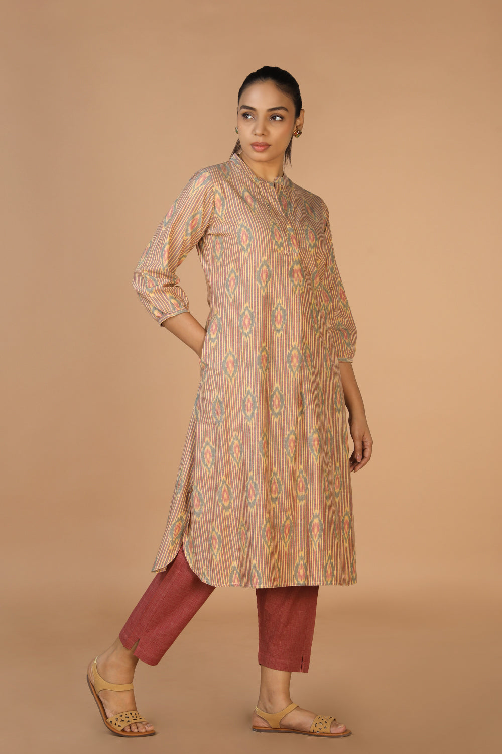 Image of Beige Handwoven Cotton Pochampally Ikat Kurta