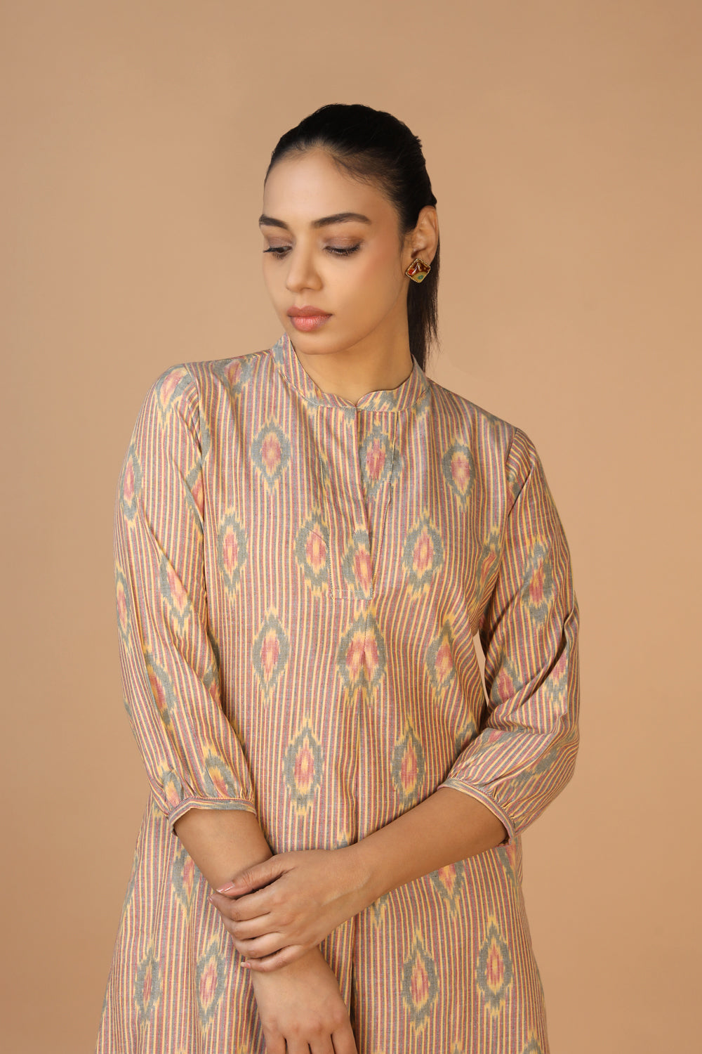 Image of Beige Handwoven Cotton Pochampally Ikat Kurta