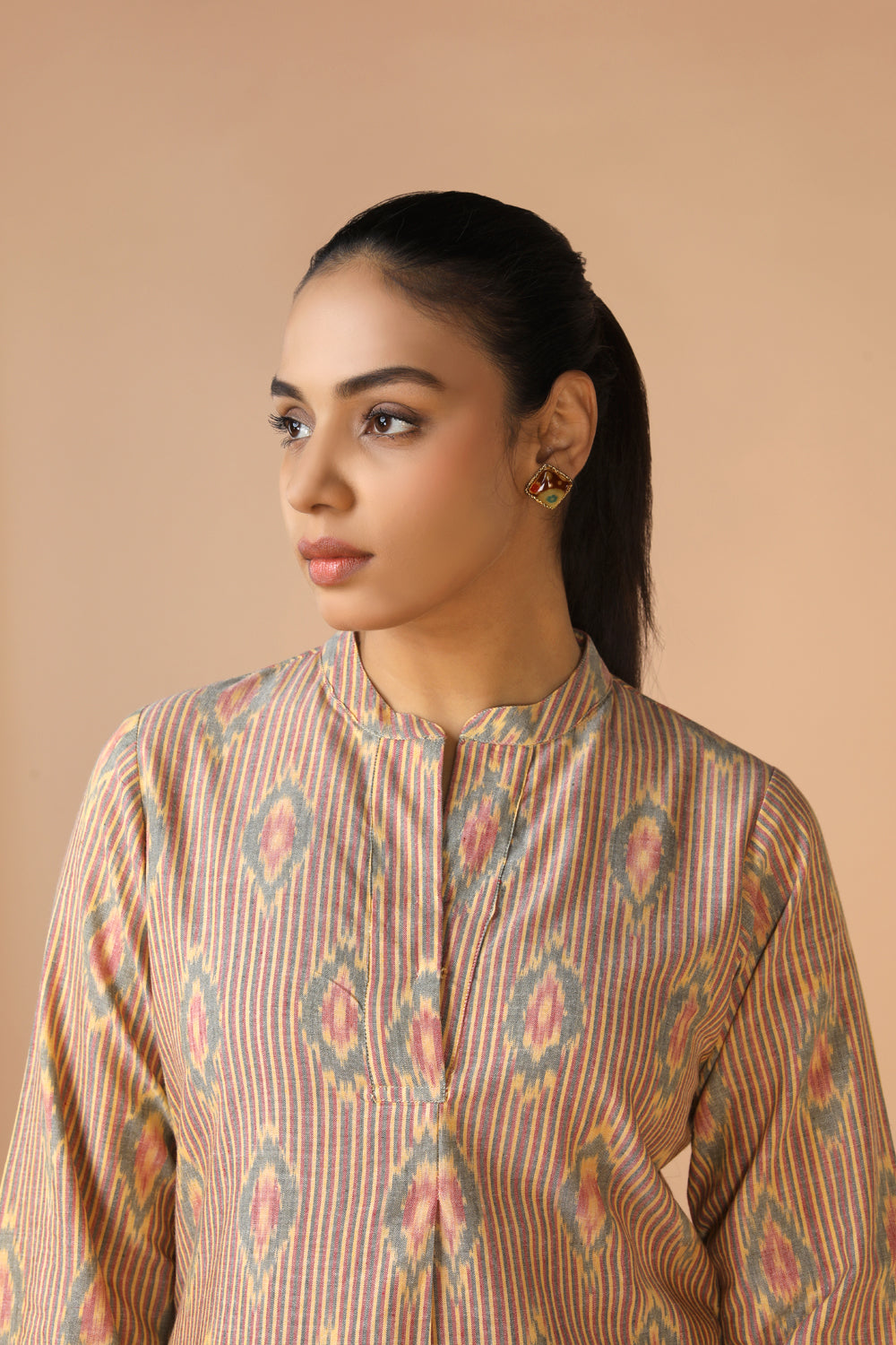 Image of Beige Handwoven Cotton Pochampally Ikat Kurta