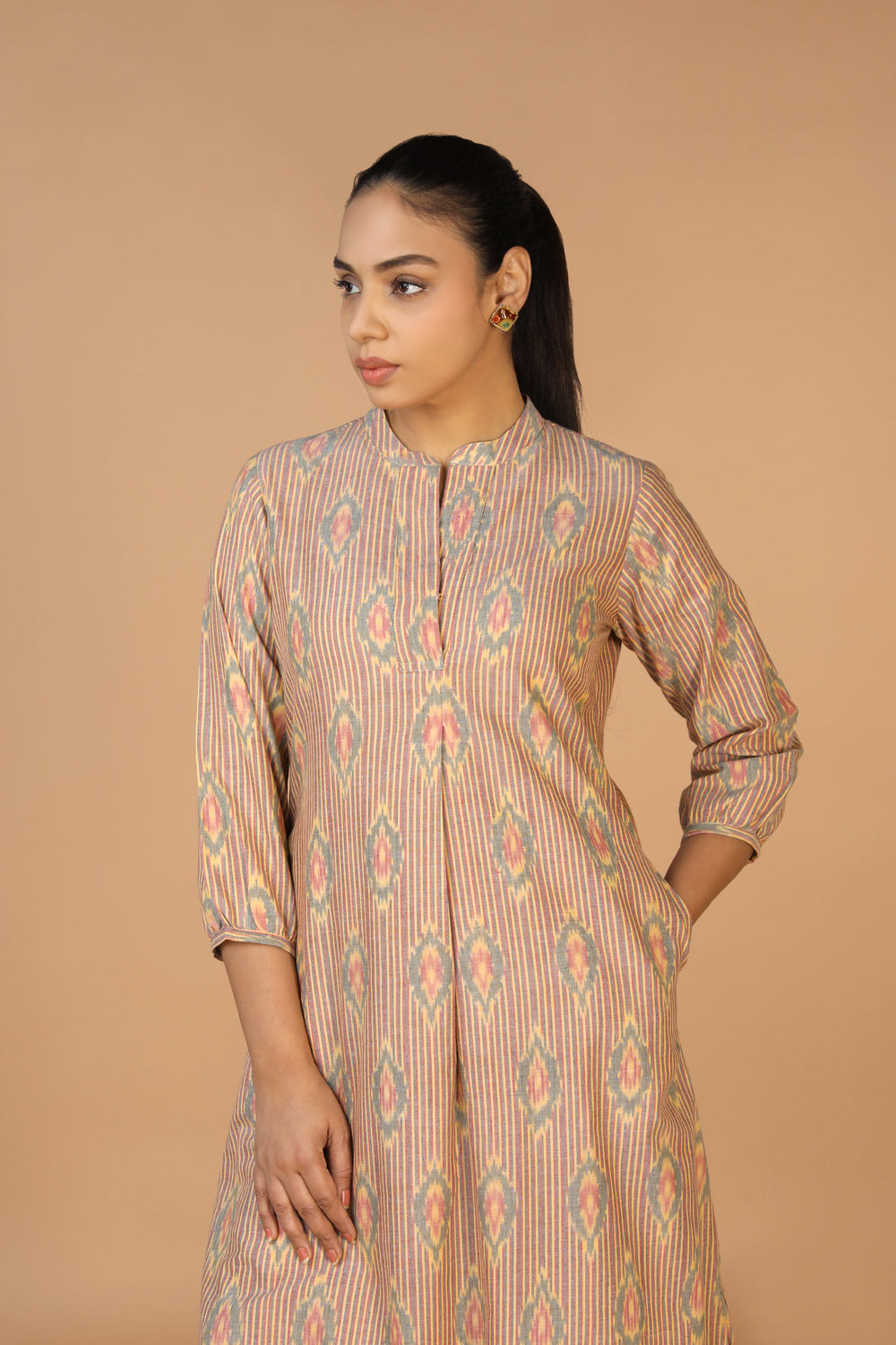 Image of Beige Handwoven Cotton Pochampally Ikat Kurta
