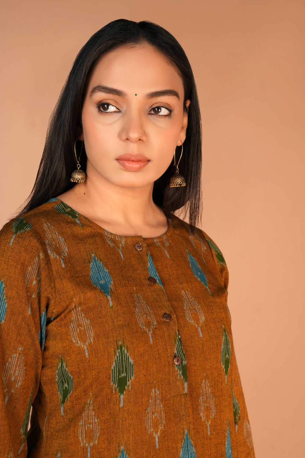 Image of Earthy Brown Pochampally cotton kurti