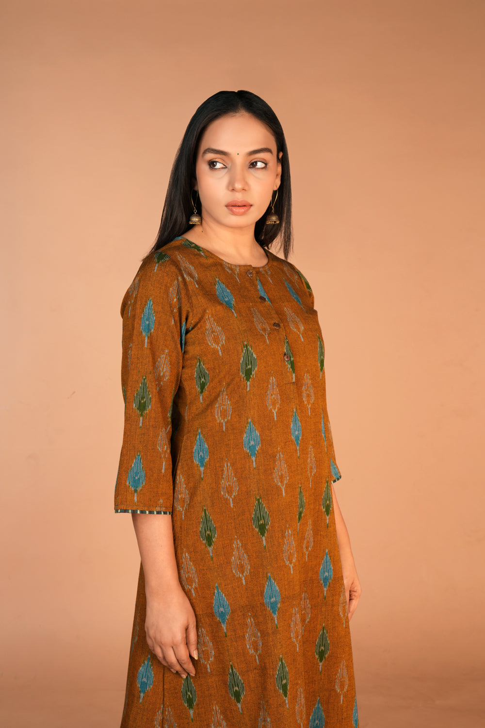 Image of Earthy Brown Pochampally cotton kurti