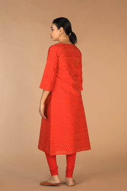 Collection of Vermillion red Pochampally Silk Ikat Kurti in a gallery layout