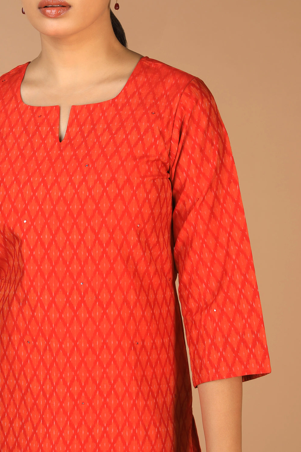 Collection of Vermillion red Pochampally Silk Ikat Kurti in a gallery layout