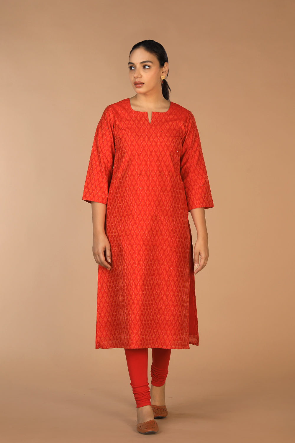 Collection of Vermillion red Pochampally Silk Ikat Kurti in a gallery layout