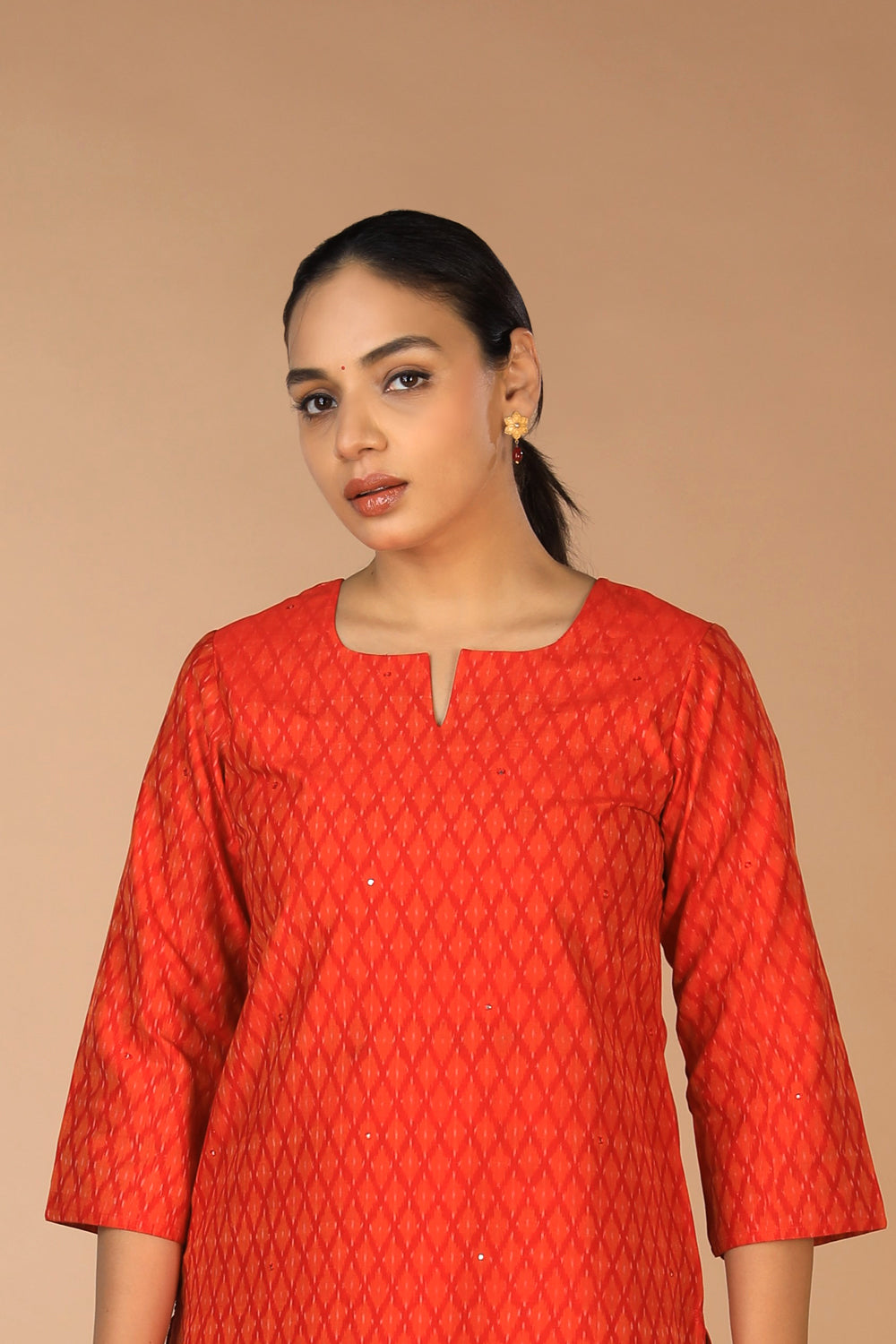 Collection of Vermillion red Pochampally Silk Ikat Kurti in a gallery layout