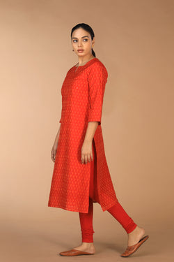 Collection of Vermillion red Pochampally Silk Ikat Kurti in a gallery layout