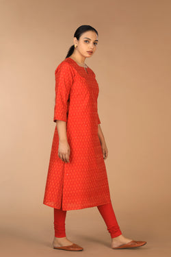 Collection of Vermillion red Pochampally Silk Ikat Kurti in a gallery layout