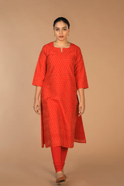 Collection of Vermillion red Pochampally Silk Ikat Kurti in a gallery layout