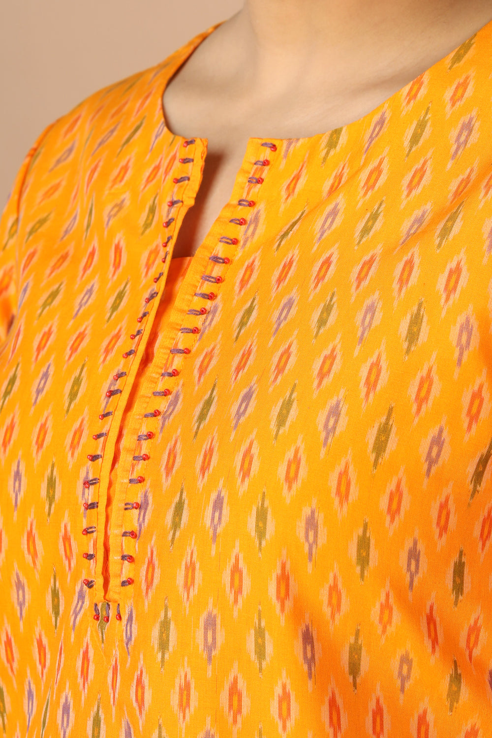 Image of Mustard Yellow Handwoven Cotton Pochampally Ikat Kurti