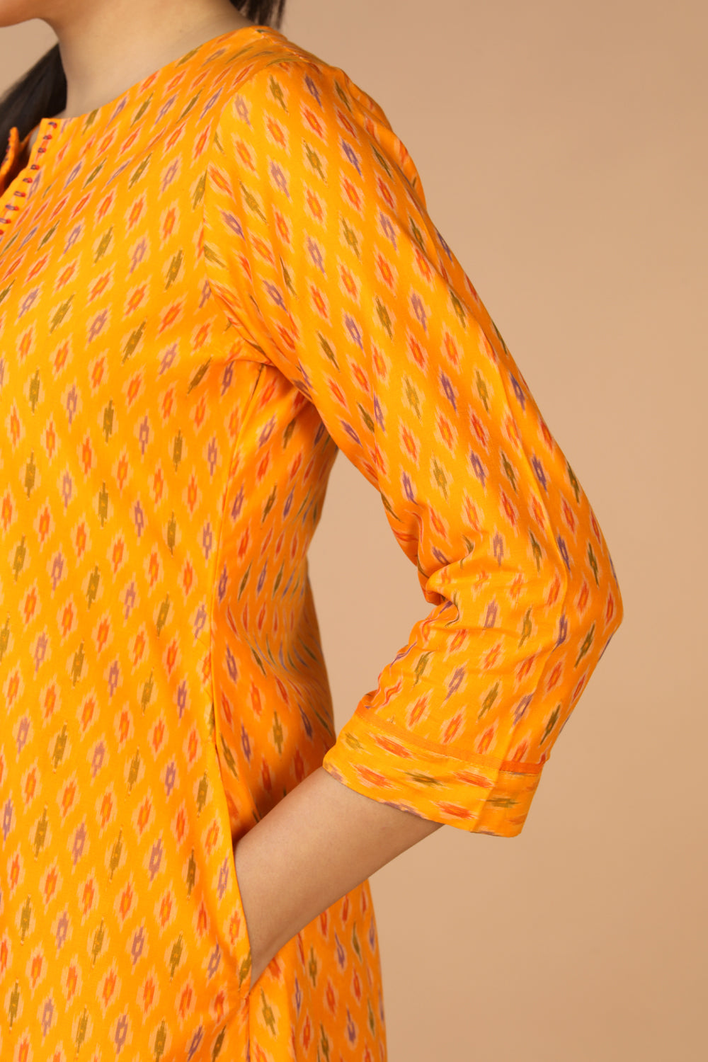 Image of Mustard Yellow Handwoven Cotton Pochampally Ikat Kurti