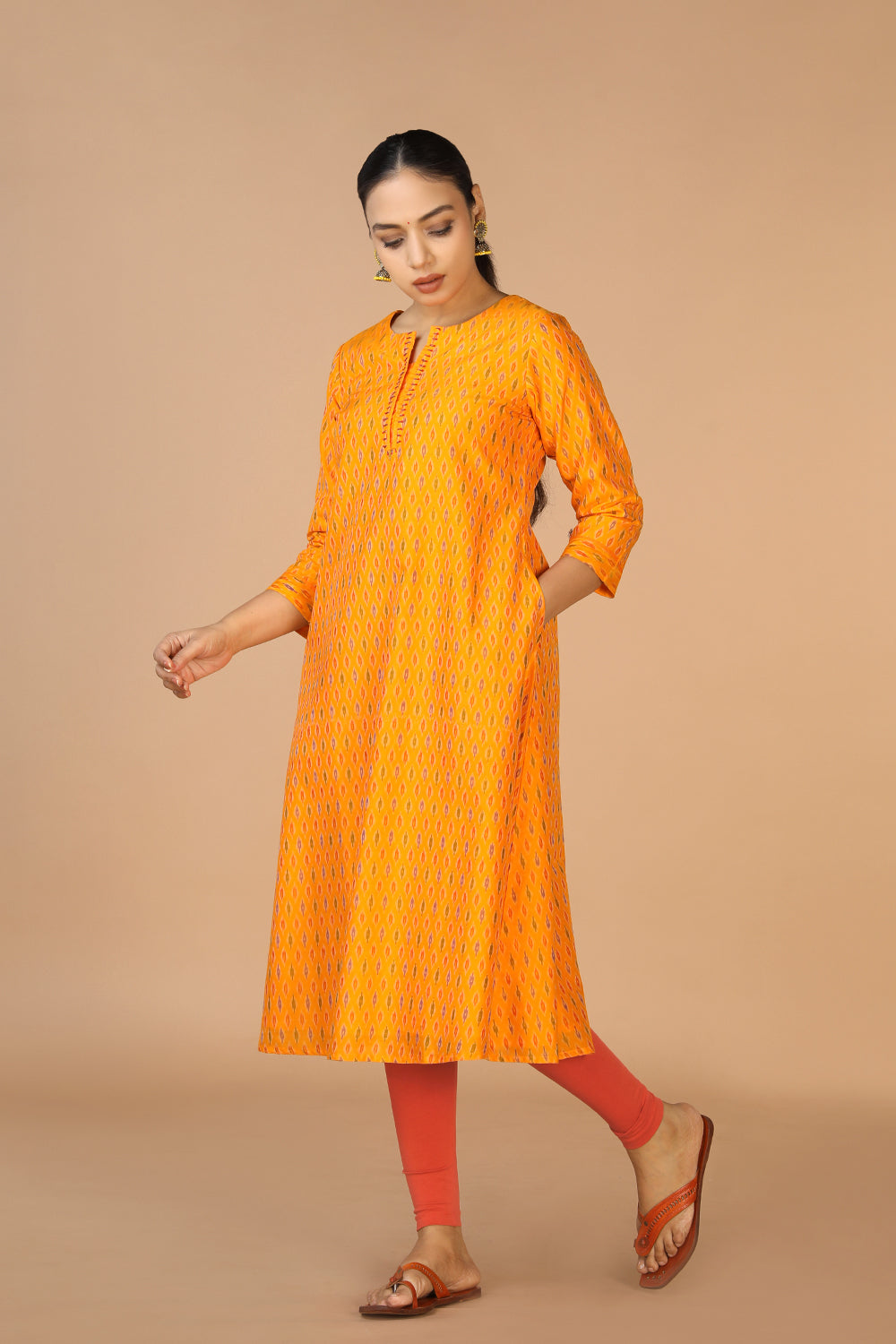Image of Mustard Yellow Handwoven Cotton Pochampally Ikat Kurti
