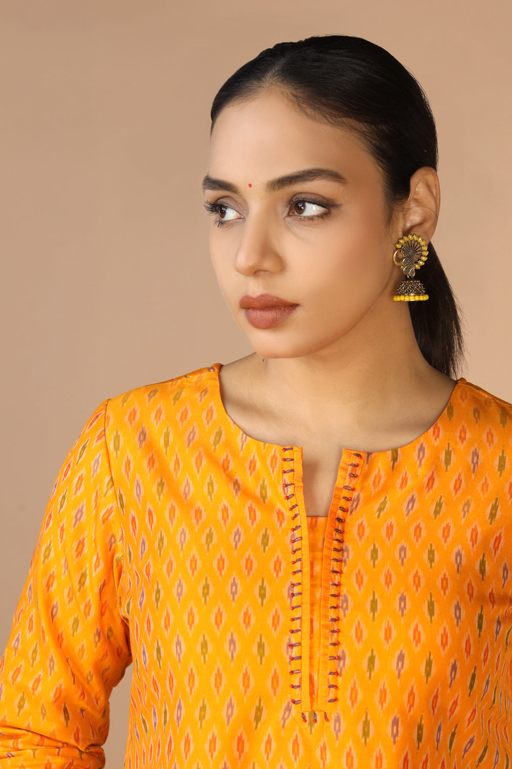 Image of Mustard Yellow Handwoven Cotton Pochampally Ikat Kurti
