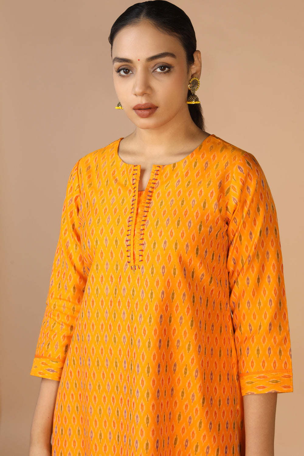 Image of Mustard Yellow Handwoven Cotton Pochampally Ikat Kurti