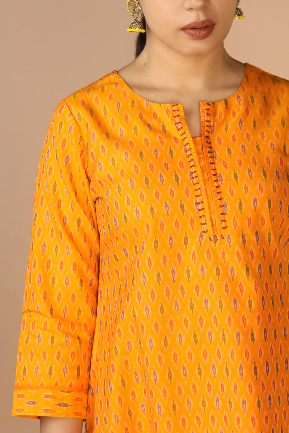 Image of Mustard Yellow Handwoven Cotton Pochampally Ikat Kurti