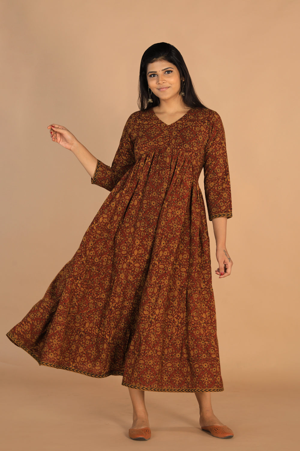 Collection of Bagh handblockprinted tiered cotton dress in a gallery layout