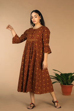 Collection of Cotton Bagh handblock printed gathered dress. in a gallery layout