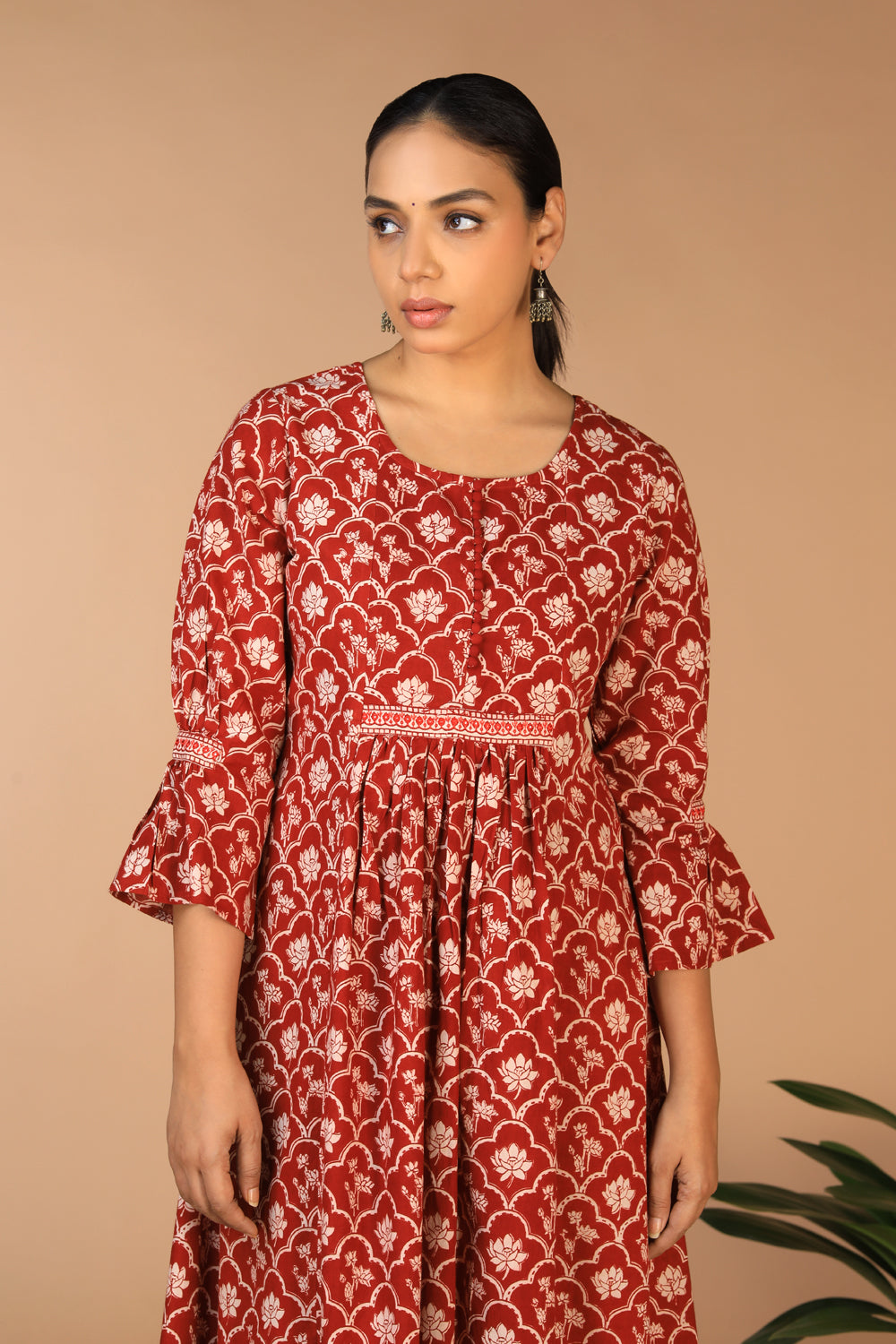 Collection of Cotton Bagh handblock printed gathered dress. in a gallery layout