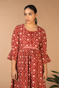 Collection of Cotton Bagh handblock printed gathered dress. in a gallery layout