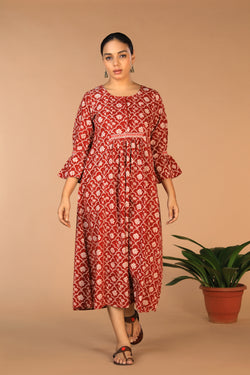 Collection of Cotton Bagh handblock printed gathered dress. in a gallery layout