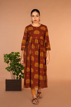 Maroon Bagh handblock printed cotton dress L / Maroon