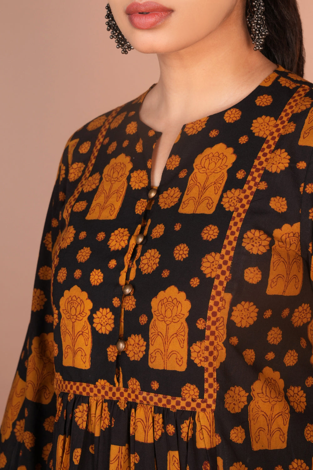 Black with mustard Bagh handblock printed cotton dress