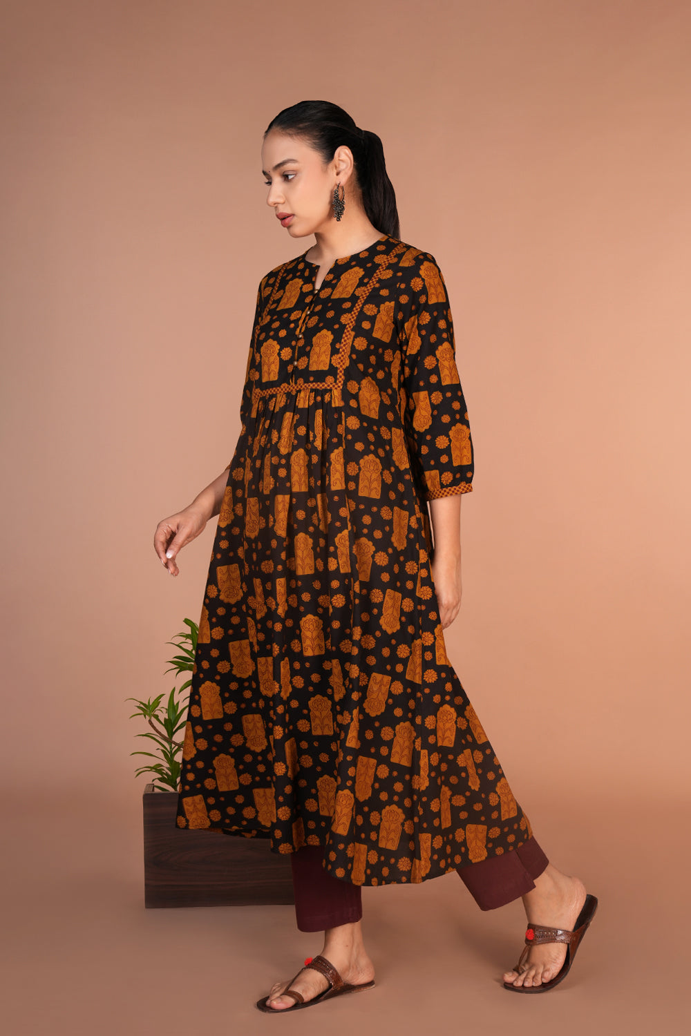 Black with mustard Bagh handblock printed cotton dress