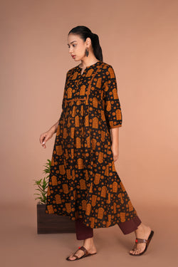 Image of Black with mustard Bagh handblock printed cotton dress