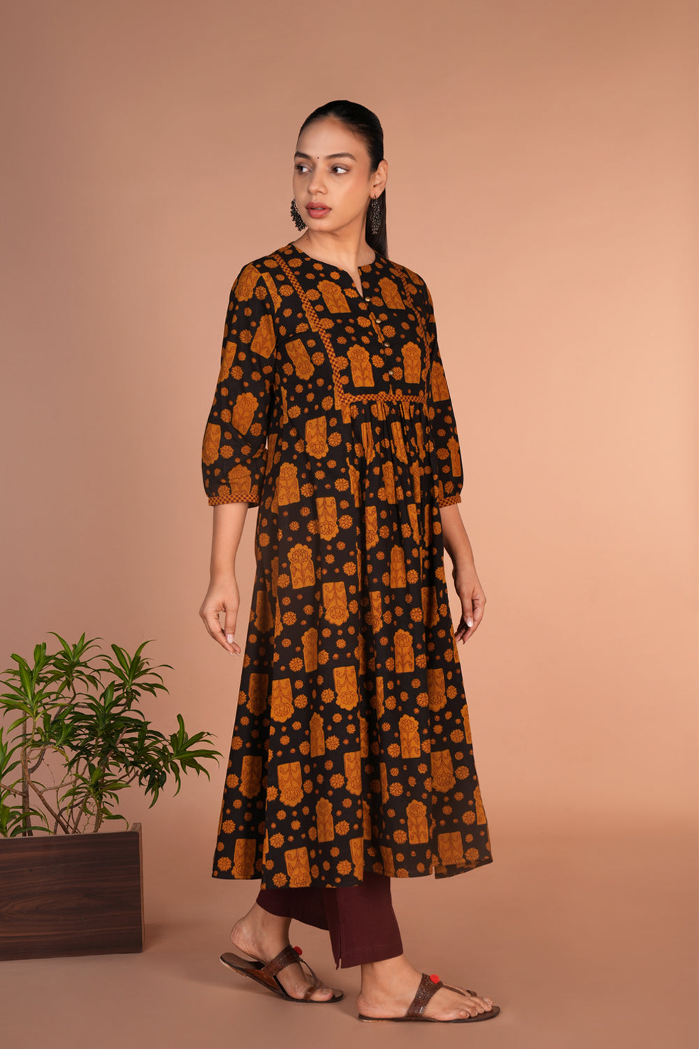 Black with mustard Bagh handblock printed cotton dress