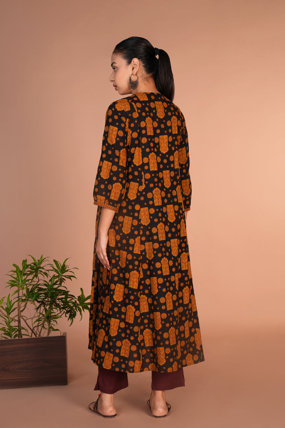 Black with mustard Bagh handblock printed cotton dress