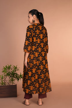 Image of Black with mustard Bagh handblock printed cotton dress