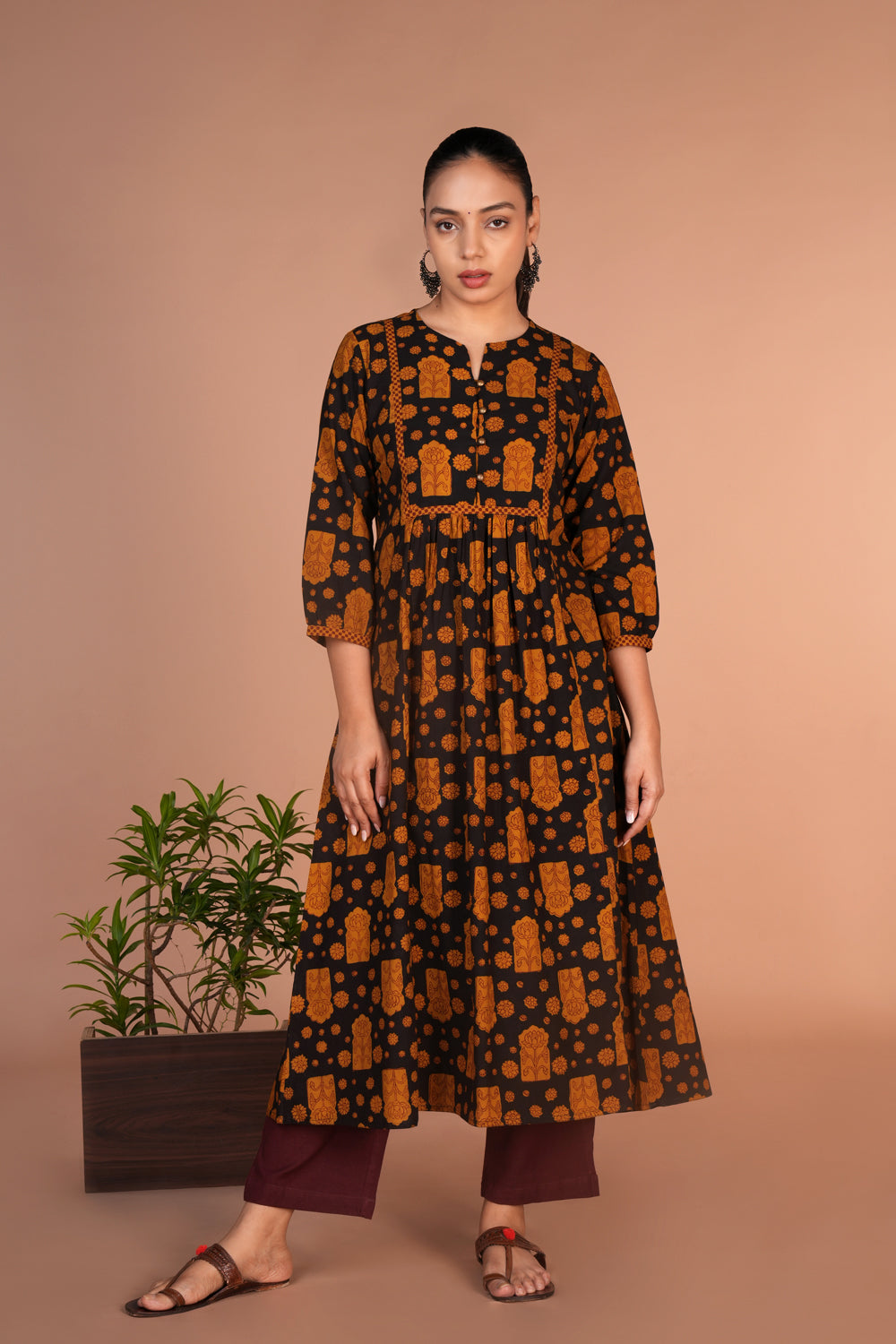 Black with mustard Bagh handblock printed cotton dress